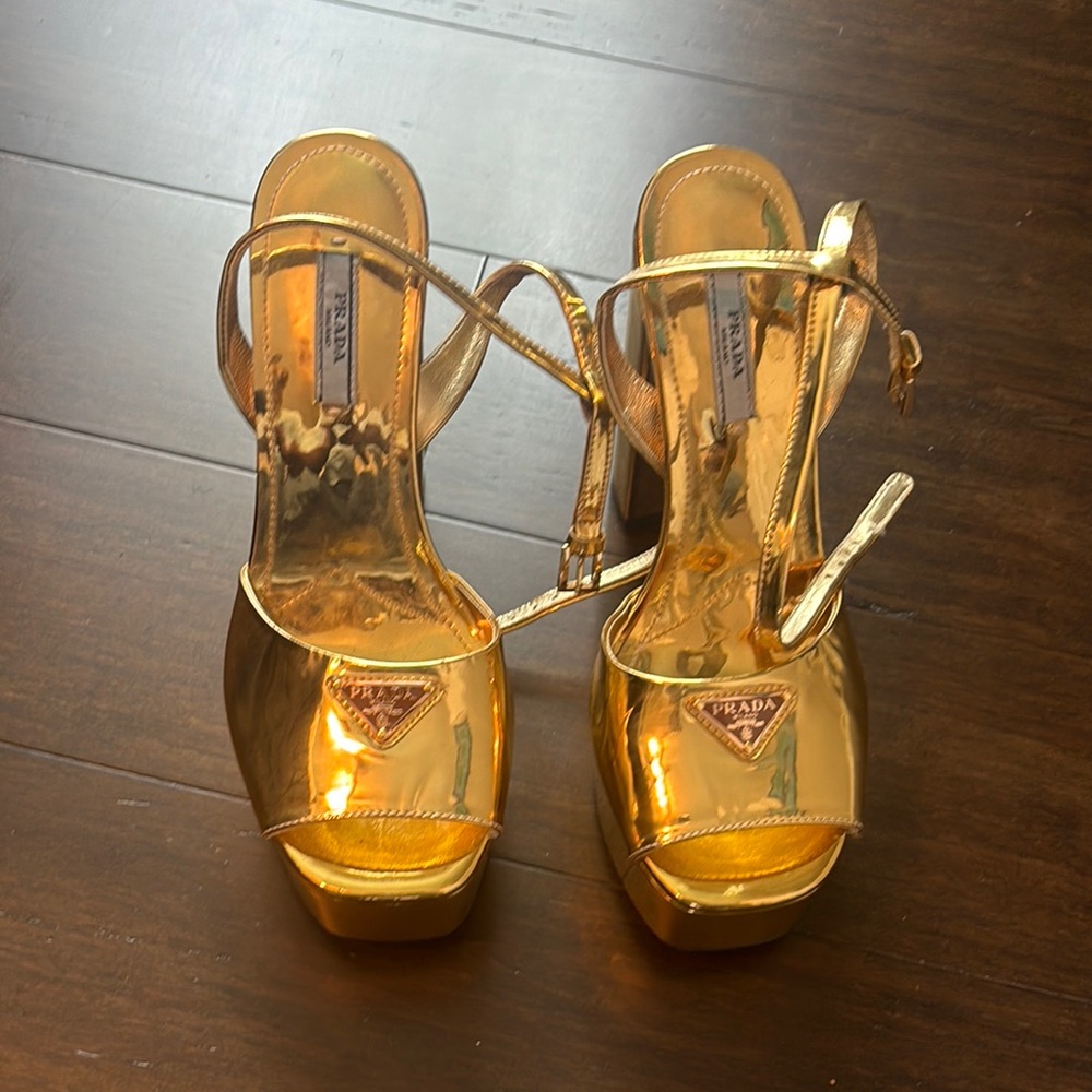 Prada Gold Heeled Shoes with Satin Finish